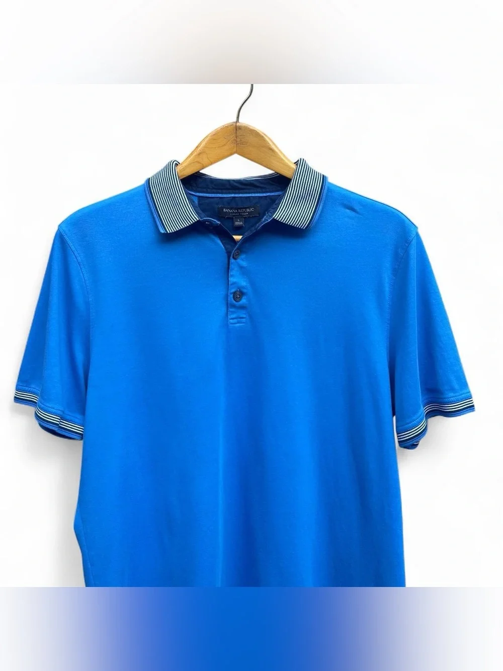 Banana Republic Luxury Touch Polo Shirt Blue Navy White Stripe Solid Men L Large